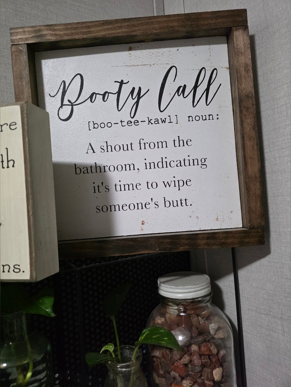 Rustic White and Brown 'Booty Call' Bathroom Wall Sign